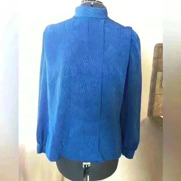 VTG 80s Blue Polyester Front Pleated Long Sleeve High Collar Blouse Women Large - Picture 2 of 9